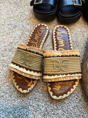 Sam Edelman Raffia Fringe Slide Sandals in Tan and Brown